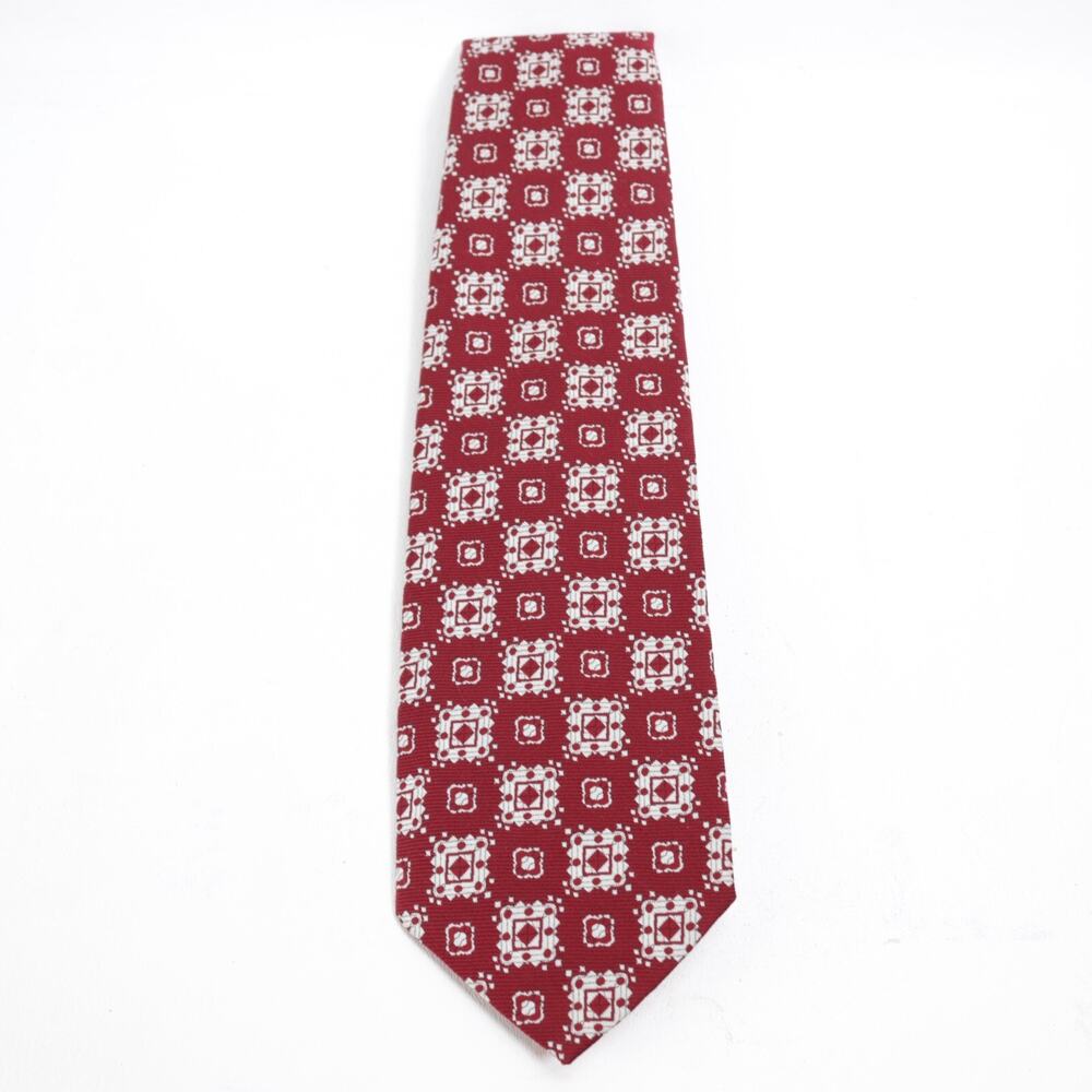 Vintage Leonardo Qiana Tie Mens 55 in Burgundy White Nylon Geo Medallion Wide